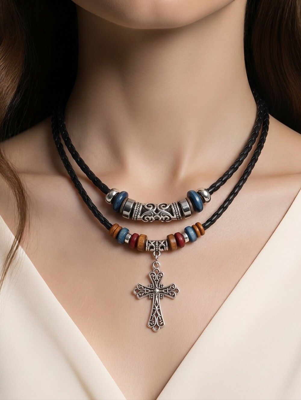Layered Cross Necklace Boho Gothic Adjustable Faux Leather Choker Indie Rebel